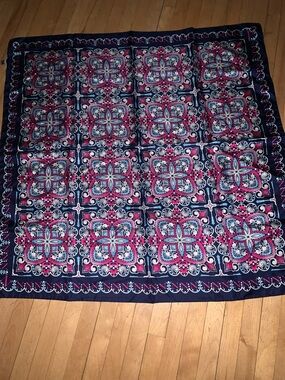 Silk Navy Floral Square Scarf with Pink & Light Blue Accents